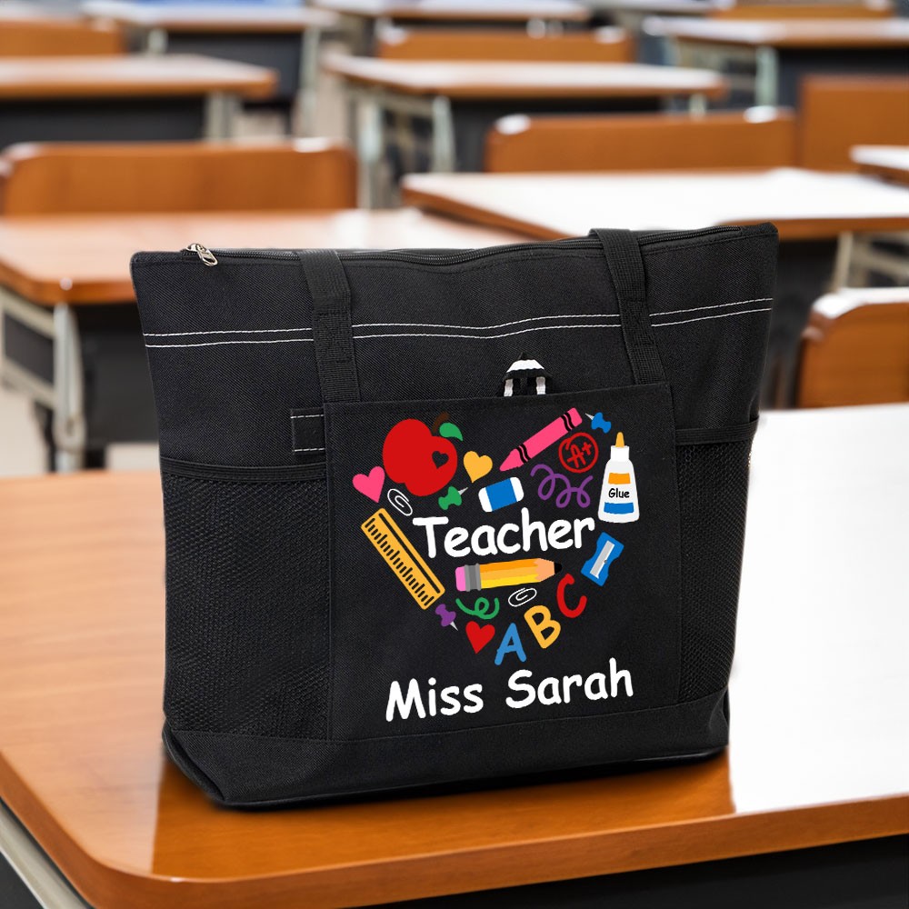 Sac fourre-tout personnalisé Teacher Heart ABC, grand sac en toile zippé avec poche en filet, cadeau paraprofessionnel, Noël/fête des enseignants/cadeau d'anniversaire pour les femmes
