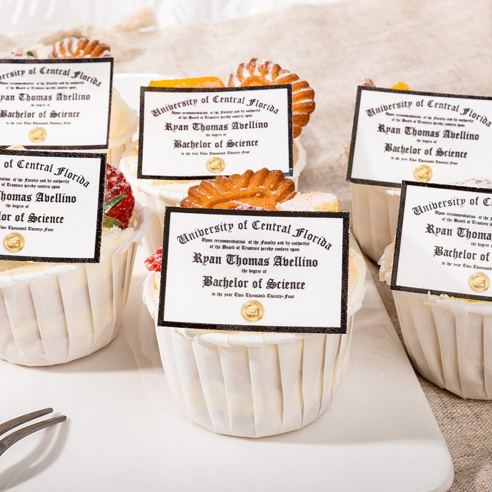 (Set mit 10 Stück) Personalisierte essbare Cupcake-Topper mit Abschlussdiplomen, Plätzchen-Kuchendekoration für die Abschlussfeier 2024, Geschenk für Absolventen/Studenten/Klassenkameraden
