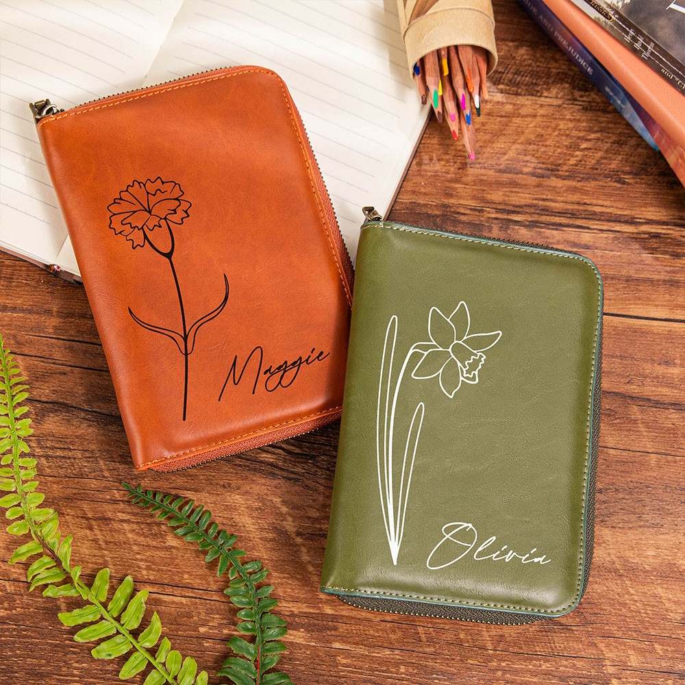 Personalized Birth Flower Leather Travel Journal Organizer, Padfolio with Pencil Holder, Notepad with Zipper Lock, Planner Case, A6 Notebook Cover
