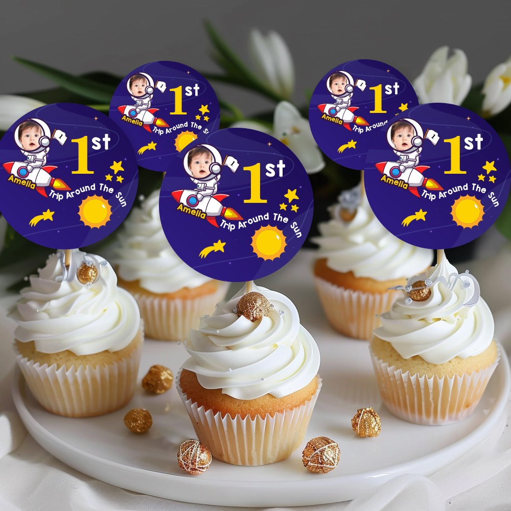 (Set of 12pcs)Personalized Space Cupcake Toppers, Sun And Moon Cupcake Toppers, First Trip Around The Sun, Birthday Cupcake Decorations, The First Birthday Party