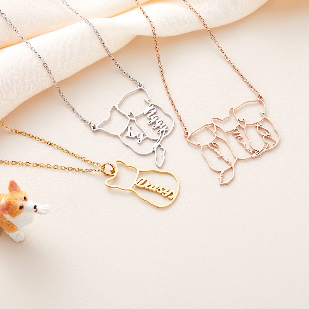 Custom Cat/Dog Breed Necklace, Personalized Up to 4 Back Sitting Cat/Dog Name Necklace, Sterling Silver 925 Dog Memorial/Dog Loss Jewelry, Gift for Dog Mom/Dad