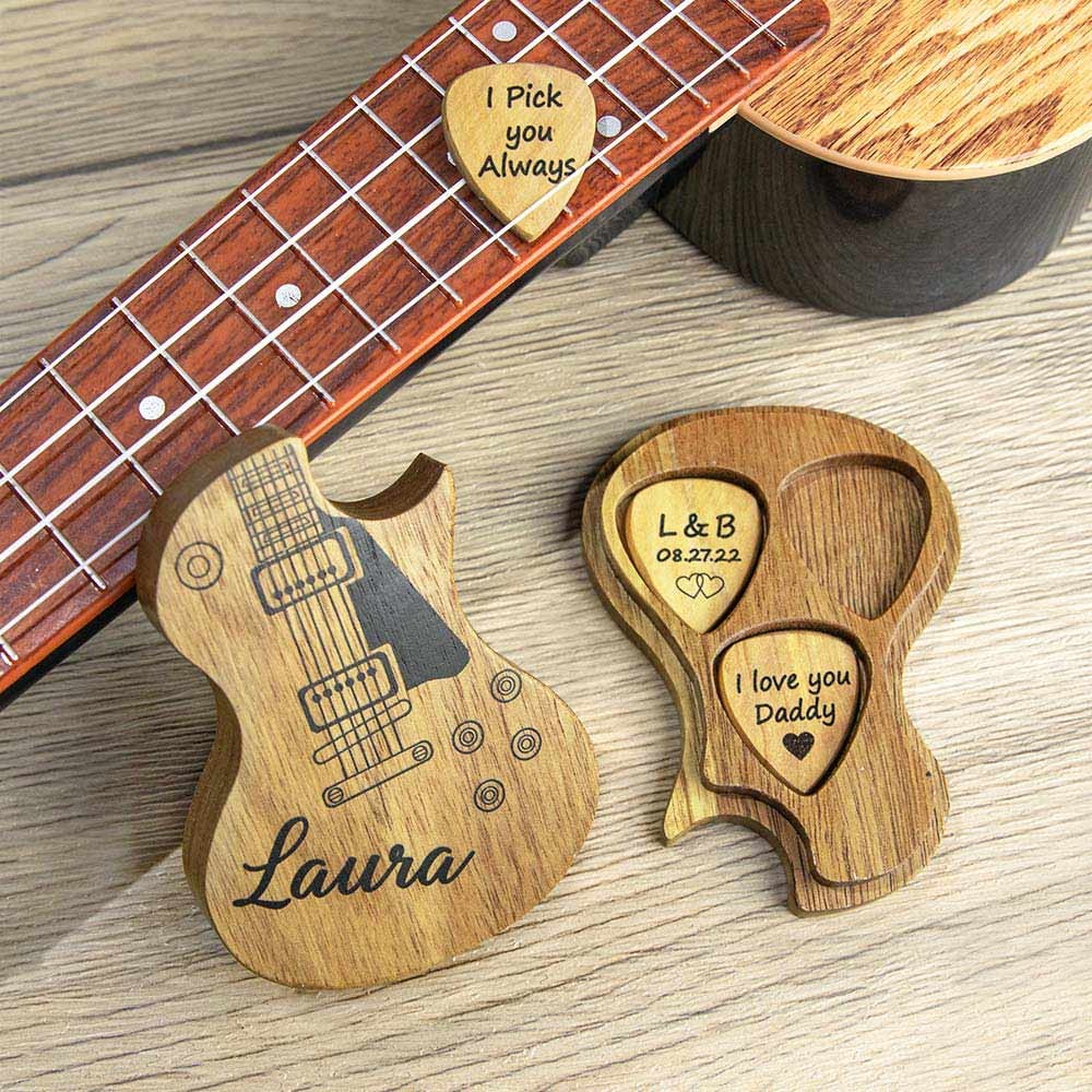 Personalized Wooden Guitar Picks with Storage Case with Text Photo, Birthday/Graduation Gift for Guitar Player/Musician