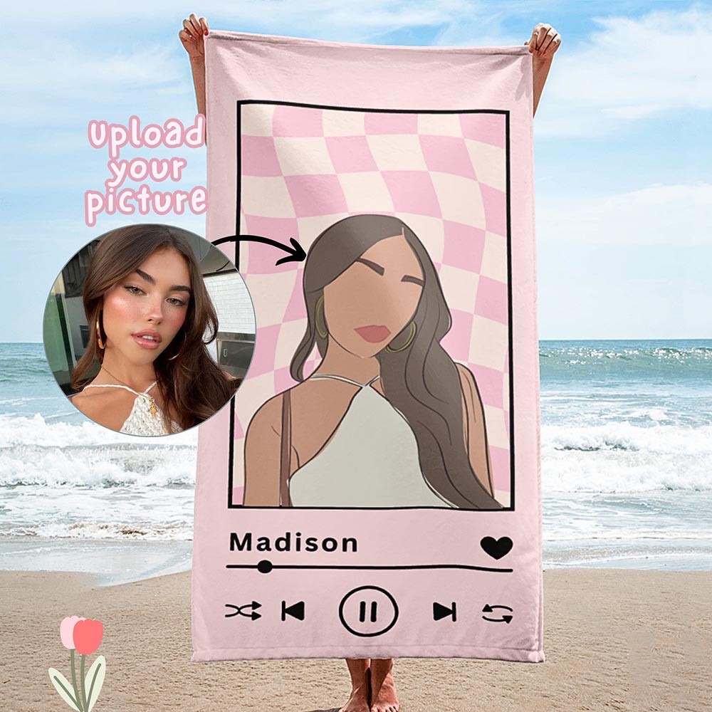 Personalized Cartoon Avatar Beach Towel, Custom Name Bath Towel, Customized Pool Towel, Beach Towel with Name, Outdoor Birthday Holiday Gift, Picnic Towel