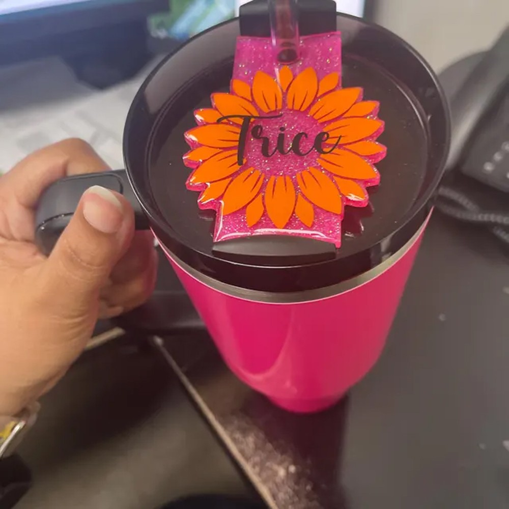 Sunflower 30oz, 40oz Tumbler Name Tag, Personalized Tag for 40 oz Tumbler, Acrylic Glitter Design, Custom Tumbler Tags