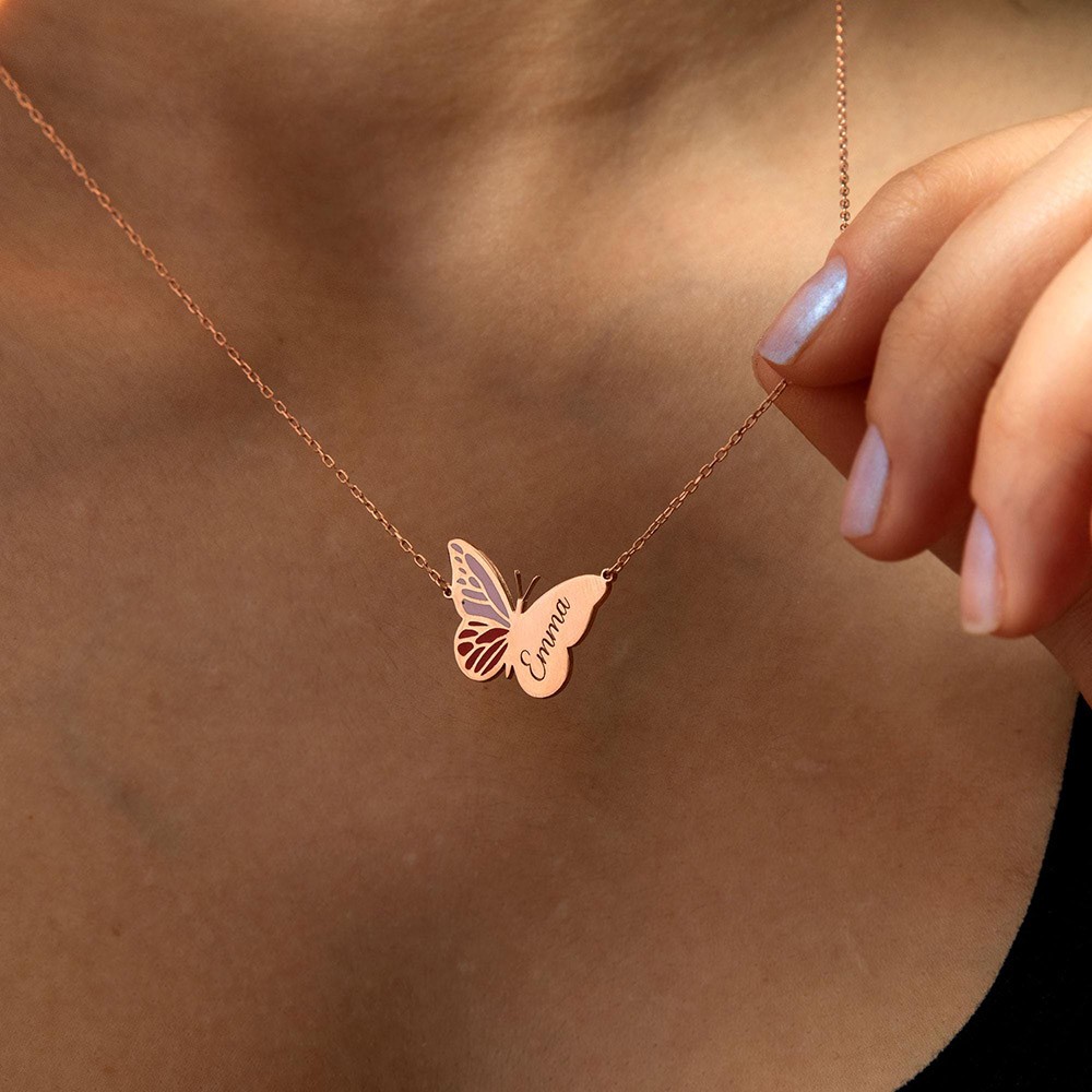Personalized Name Silver Butterfly Necklace, Dainty Enamel Butterfly Pendant for Women, Minimalist Jewelry