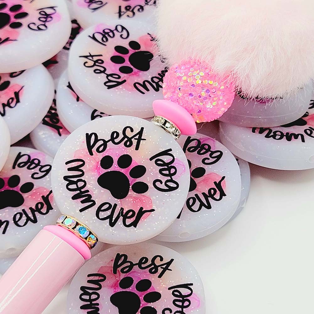 (Set of 2)Dog Mom Focal Bead, Best Dog Mom Silicone Bead, Pet Lover Focal Bead, Keychain Bead, Pawprint Pen Bead, Dog Focals, Glitter Beads