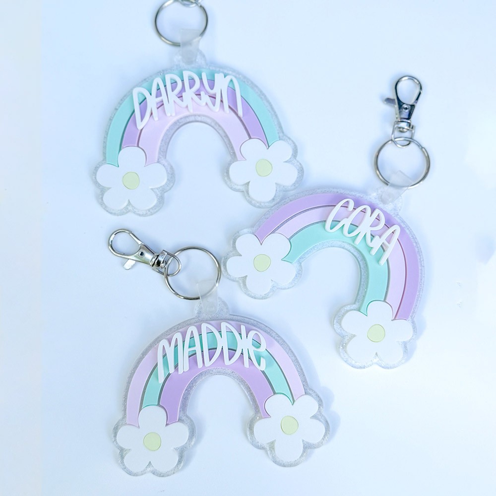 Rainbow Backpack Name Tag, Acrylic Keychain, Personalized Acrylic Name Tag, Diaper Bag Tag, Lunch Box Tag, Kids Tag