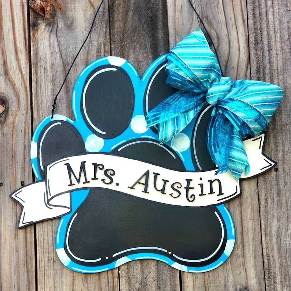 Personalized Paw Print Door Hanger, Teacher Classroom Decor Sign, Dog Paw Last Name Sign, Animal Lover Wall Decor, Custom Dog/Cat Art