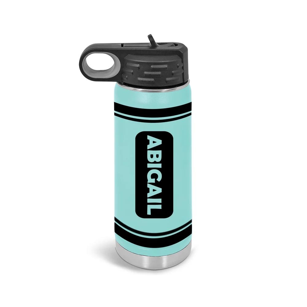 Personalized Kids Crayon Water Bottle Leak Proof, 20oz Insulated Steel Water Bottles, Name on Bottle Many Colors & Sizes