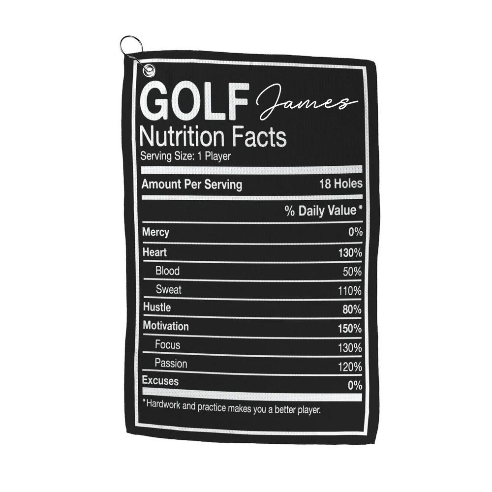 Personalized Name Golf Nutrition Towel, Funny Black Golf Towel, Golf Bag Towel, Golf Gifts, Gift for Golfer/Him