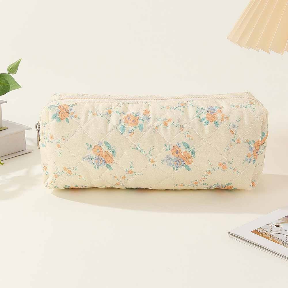 Personalized Name Plaid Floral Quilted Cotton Pencil Case, Cute Creamy Blue Cosmetic Bag, Small Capacity Makeup Bag, Embroidered Makeup Bag