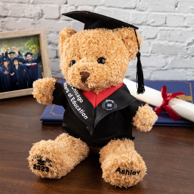 Custom Name Graduation Teddy Bear with School Badge, Plush Teddy Bear with Mortarboard, Graduation Gifts for Friends/Students/Kindergarten