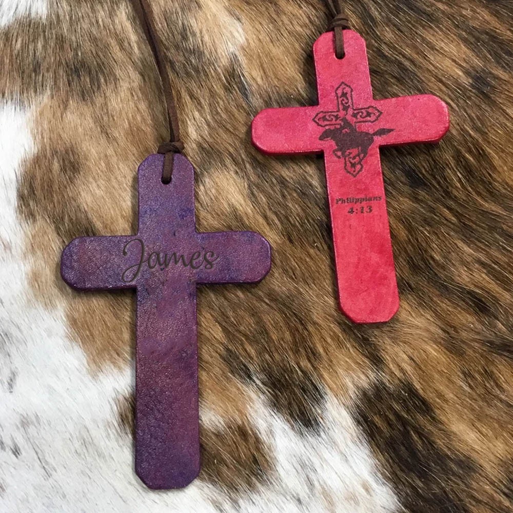 Personalized Name Laser Engraved Horse and Rider Safety Prayer Leather Cross, Cross Keychain