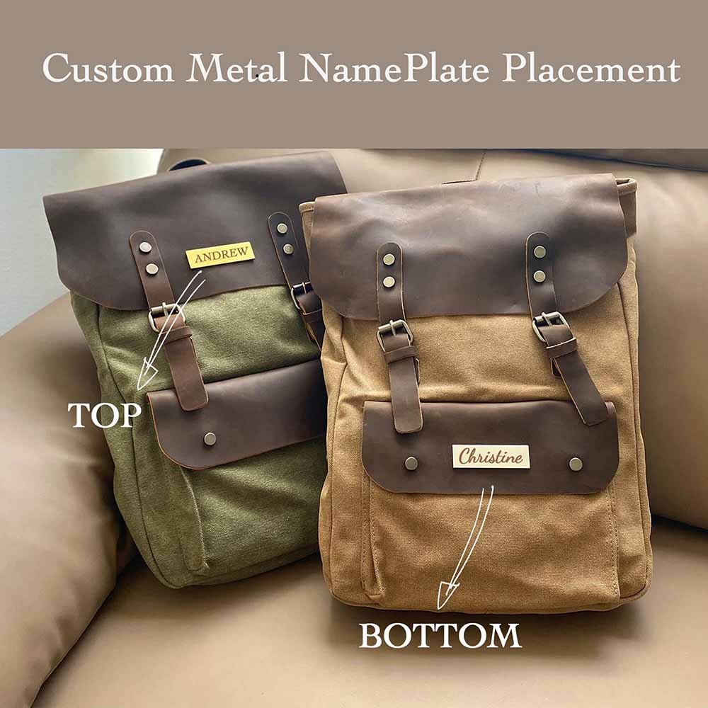 Personalized Name Tag Travel Backpack, Canvas Leather Backpack, Large Capacity Commuter Laptop Backpack, Christmas Gift