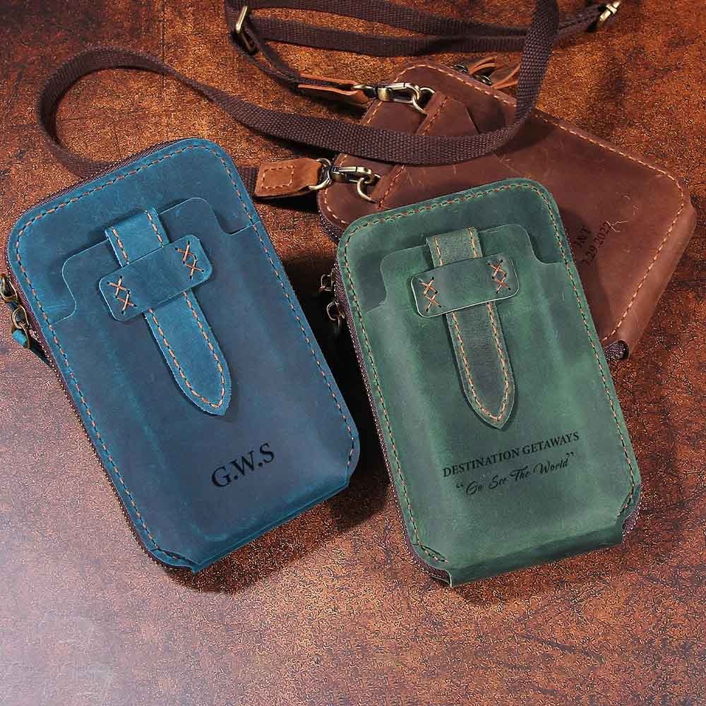 Personalized Leather Belt Pouch, Handmade Waist Bag, Leather Crossbody Bag with Card Holder, Custom Men‘’s Phone Holster Bag, Gifts for Dad