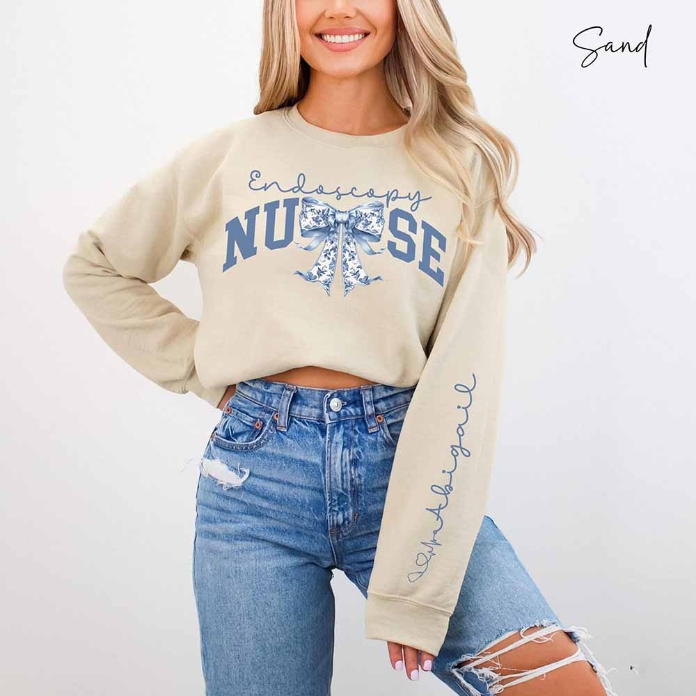 Personalized Endoscopy Nurse Bow Sweatshirt, Endoscopy Nurse Shirt, Endoscopy Shirt, Blue Ribbon Sweater, Endoscopy Gift, Endoscopy RN Shirt