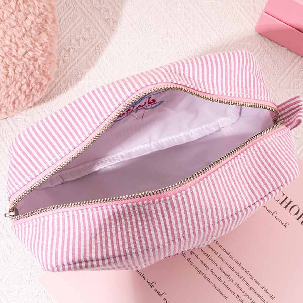 Personalized Seersucker Cosmetic Bag, Customized Pink Cosmetic Bag, Embroidered Cotton Bag, Portable Travel Toiletry Bag, Gift for Her, Christmas Gift