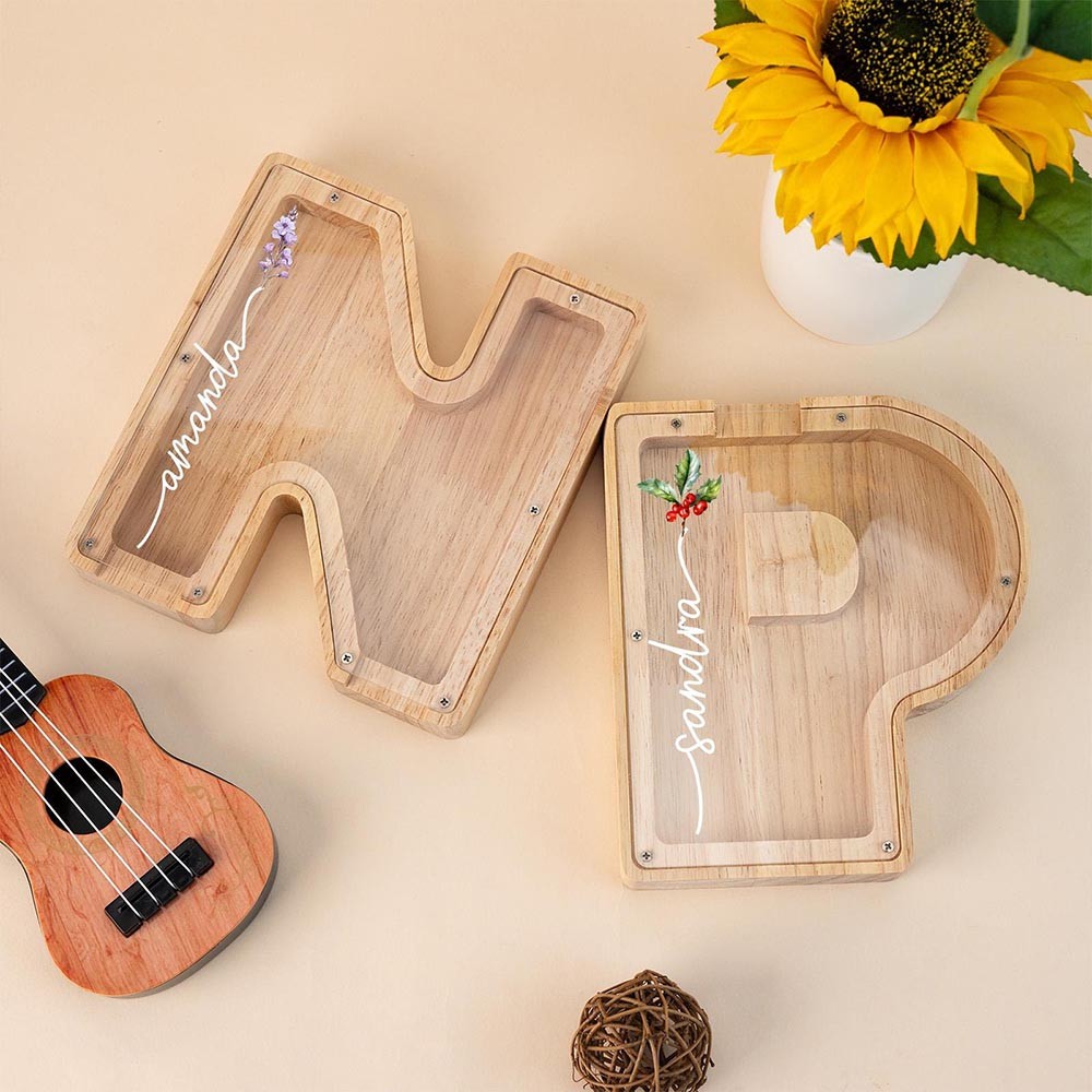 Personalized Name Letter Piggy Bank with Birth Flower, Kids Wooden Money Box, Custom Initial Coin Bank, Birthday Gift, Xmas Gift for Child/Baby
