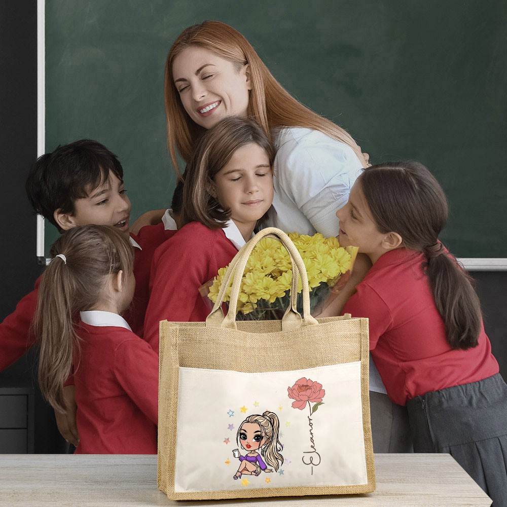 Personalized Fashion Girl Jute Bag with Birth Flower & Name, Large Capacity Burlap Tote Bag, Shopping Bag, Birthday/Christmas Gift for Women/Girls