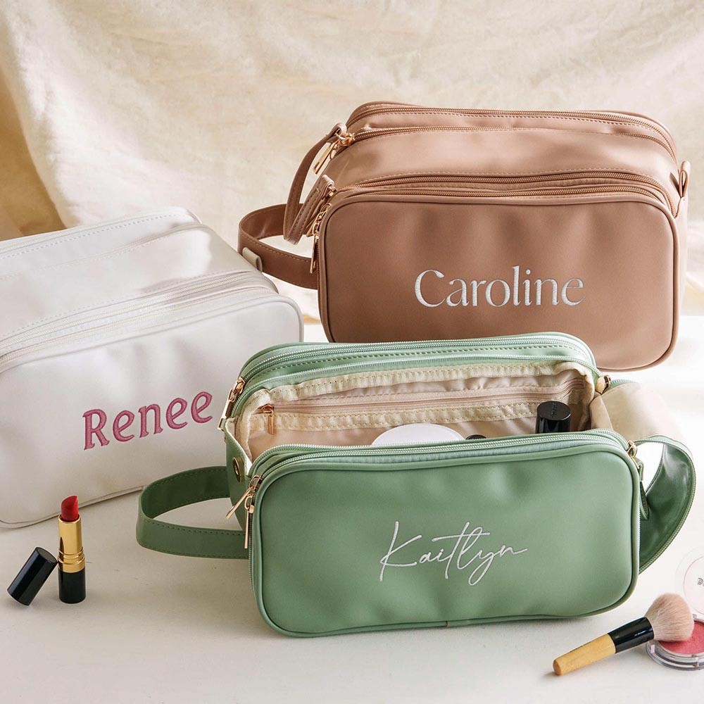 Personalized Embroidered Name Bag, Custom Leather Toiletry Bags, Large Capacity Cosmetic Bag, Makeup Organizer with Multiple Compartments, Christmas/Bridesmaid Gift for Her
