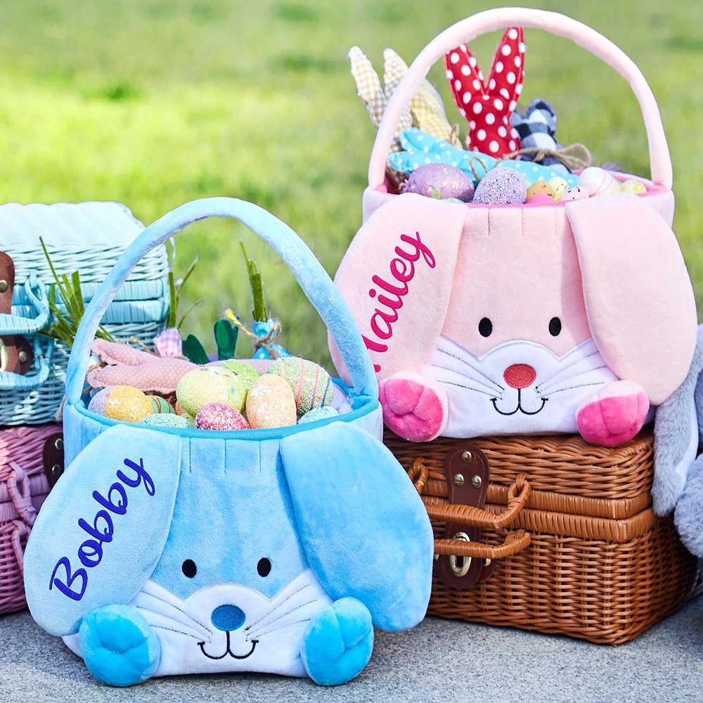 Embroidered Easter Basket, Kids Easter Basket With Name, Bunny Ear Easter Buckets, Custom Name Bunny Basket Monogram Easter Gift for Boys Girls