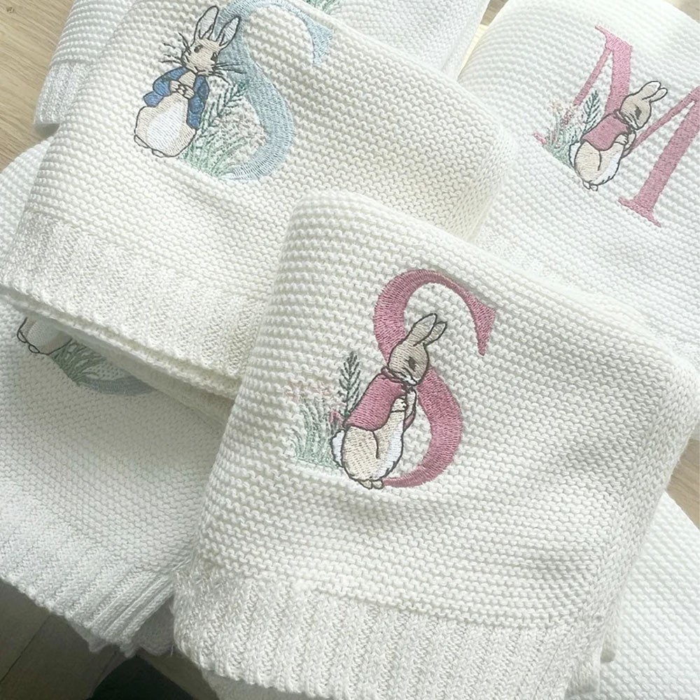 Personalized Knit Baby Blanket, Hospital Newborn Baby Shower Gift, Easter Blanket, Easter Basket, Peter Rabbit Nursery, Bunny Monogram