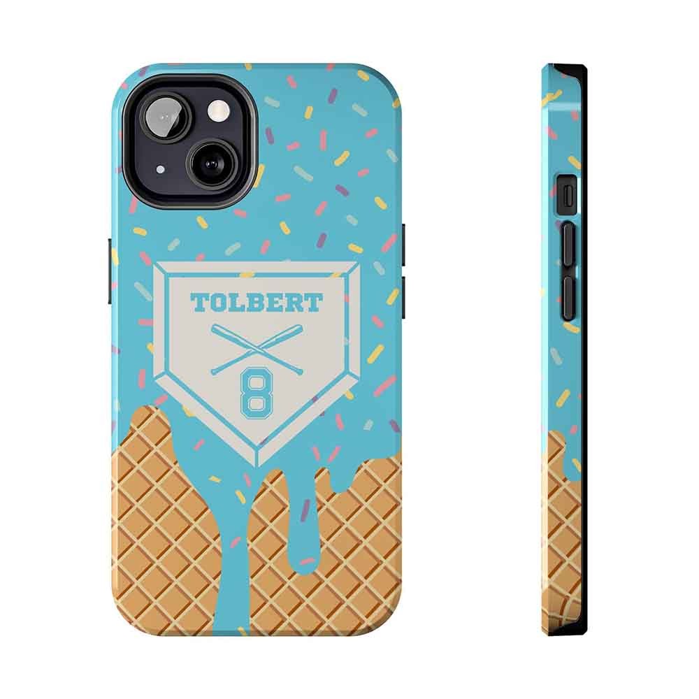 Personalized Name Baseball Lifestyle Inspired Phone Case, Blue Dripping Ice Cream Cone Custom Phone Case, Baseball Fashion Gift For Baseball Lovers