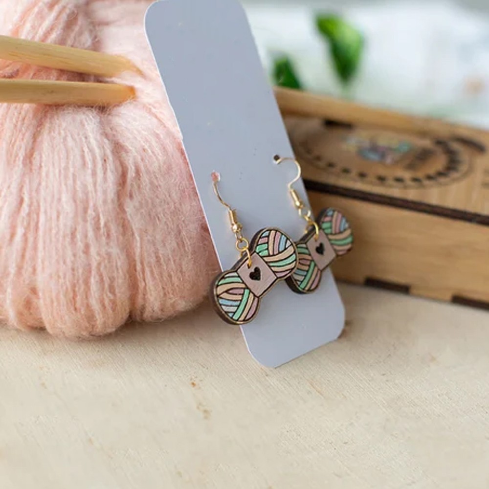 Custom Initial Knitters Wool Wooden Earrings, Quirky Earrings, Engraved Wooden Stud Earrings, Engraved Earrings, Gifts for Knitters