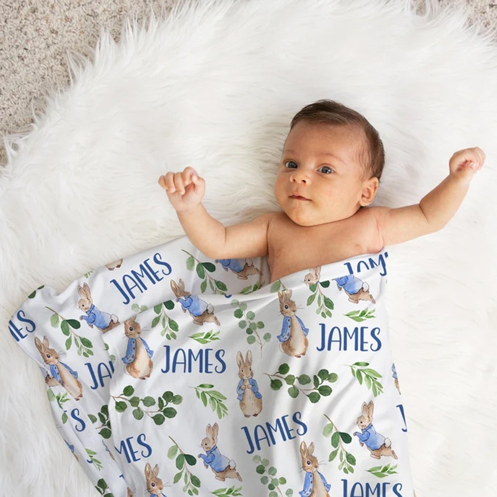 Peter Rabbit Baby Name Swaddle, Greenery Boy Blanket, Personalized Receiving Blanket, Baby Shower Gift, Custom Boy Bedding, Eucalyptus,