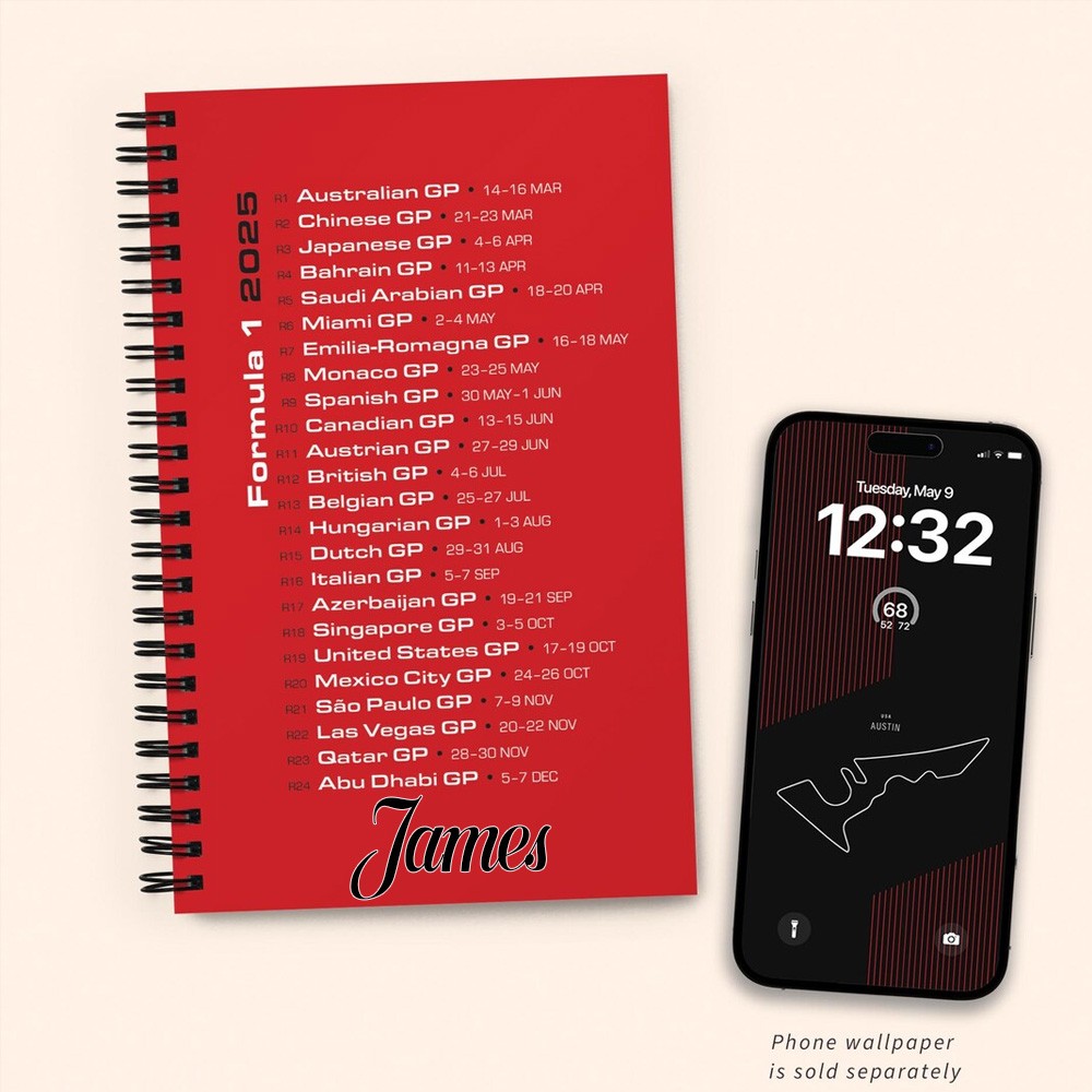 Custom Name F1 Schedule Spiral Notebook, 2025 Races on Cover, Blank Dot Ruled Pages, Grand Prix at a Glance