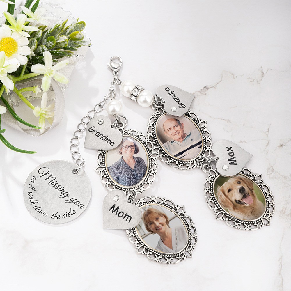 Customized Lace Oval Photo Bouquet Charm for Bridal Memorial Bouquet, With Heart Engraved Pendant, Memorial Wedding Gift for Bride