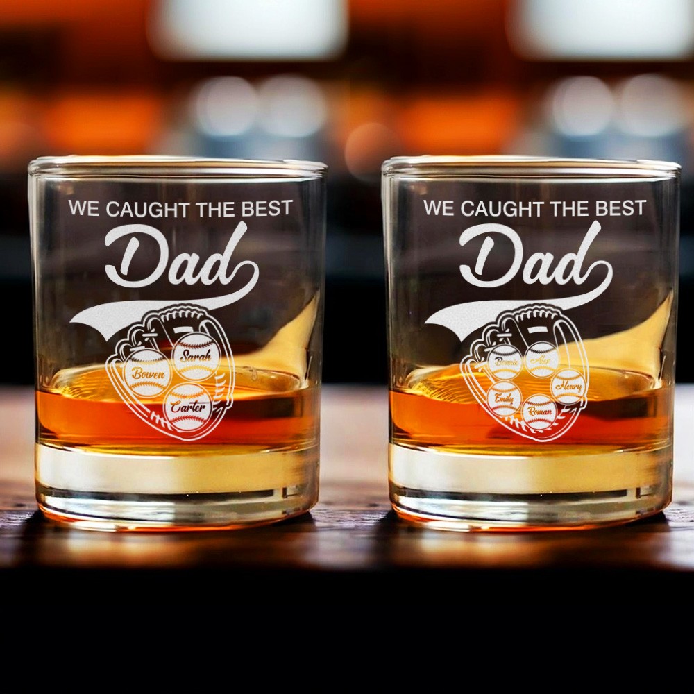 Personalized We Caught The Best Dad, Personalized Whiskey Glass Gift For Him, Custom Kid's Name Baseball, Father's Day Gifts, Gifts for Dad