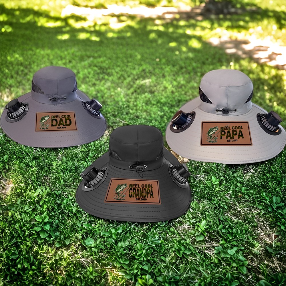 Personalized "Reel Cool Dad" Hat with Dual Fans – Solar & Battery Powered Wide Brim Sun Hat for Outdoor Work & Fishing, Custom Gift for Dad,Grandpa