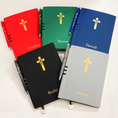 Personalized Name Cross Notebook, Leather Journal with Ribbon Bookmark & Pen, Travel Diary, Birthday/Easter/Christmas Gift for Christian/Pastors