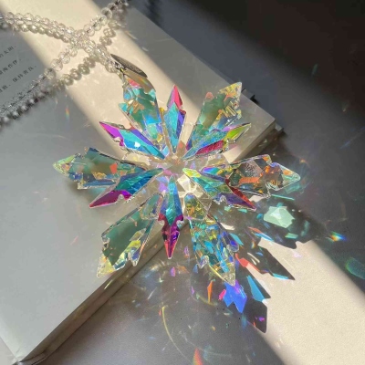 2025 Christmas Decoration Crystal Snowflake Star, Clear Multicolor Faceted Crystal Tone Metal Decoration and Artificial Silk Ribbon - New Year Christmas Tree Decoration Wedding Party Window Hanging Ornaments