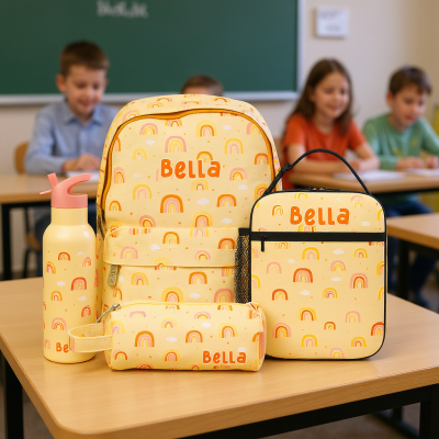 Custom Kids Backpack Set with Lunch Bag, Pencil Case, and Water Bottle – Personalized Name School Bag for Boys & Girls, Vehicle, Animal, Dinosaur, or Rainbow Design, Best Back to School Gifts