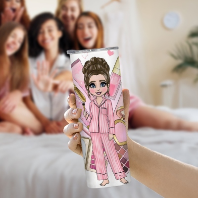 Personalised Love Makeup Lady in Pyjamas & Pink Cosmetics 20oz Straight Tumbler,Pajama Party Gifts