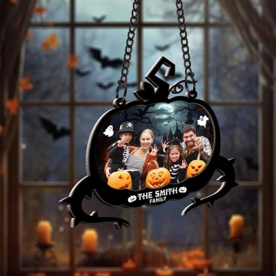 Personalized Name & Photo Spooky Pumpkin Suncatcher Ornament, Family Portrait Memorial Ornament Window Hanging, Halloween Gift for Mom/Dad/Family