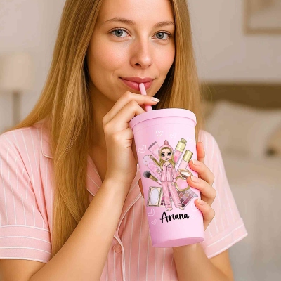 Personalized Makeup Pajamas for Women with Pink Makeup and 24oz Pink Cup with Straw, Perfect for Party Favors or Gifts for Her