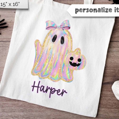 Personalized Name Halloween Ghost and Pumpkin Tote Bag, Large Capacity Tote Bag, Trick or Treat Candy Bag, Birthday/Halloween Gift for Her/Girls/Kids