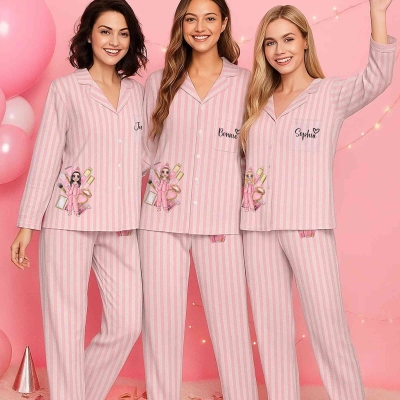 Personalized Makeup Pajamas Girls Pink Striped Pajamas, Customized Cute Long Sleeve Pajamas, Bachelorette Party Gifts, Bridesmaid Gifts