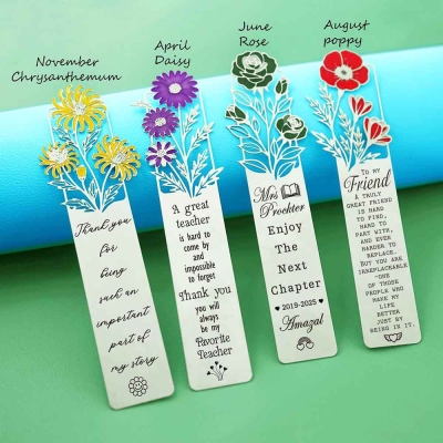 Personalized Engraved Birth Flower Metal Bookmark, Hollow Bookmark with Text, Book Accessory, Birthday/Retirement Gift for Family/Book Lovers/Friends