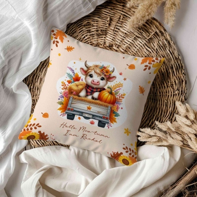 Personalised Autumn Highland Cow Pumpkins Soft Throw Pillow, Thanksgiving Pillow with Name, Thanksgiving Gift for Kid Woman, Home Decor