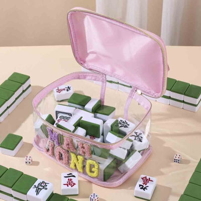 Personalized Towel Embroidered Letters Portable Mahjong Storage Bag, Customized Name Mahjong Bag, Transparent Waterproof Large Capacity Bag, A Gift for Mahjong Lovers