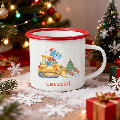 Personalized Name Cartoon Dinosaur Construction Vehicle Christmas Enamel Mug, Cute 12oz Shatterproof Cup with Handle, Christmas Gift for Kids/Boys