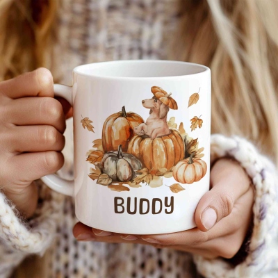 Custom Fall Pumpkins Dog Mug, Personalized Name Coffee Cup with Coaster, Thanksgiving Birthday Gift for Dog Owner Lover