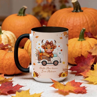 Personalised Autumn Highland Cow Pumpkins Mug, Thanksgiving Coffee Cup with Coaster and Name, Thanksgiving Gift for Highland Cow Lover