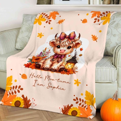 Personalised Autumn Highland Cow Pumpkins Blanket, Thanksgiving Blanket with Name, Thanksgiving Birthday Gift for Highland Cow Lover