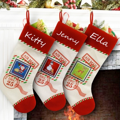 Personalized Embroidered Name Christmas Stocking, Knitted Family Stamp Design Stocking, Winter Holiday Home Decor, Christmas Gift for Family/Kids