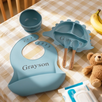 Custom Food Grade Silicone Elephant Baby Divided Suction Feeding Set with Name, New Baby Toddler Dinnerware, First Birthday/Baby Shower Gift
